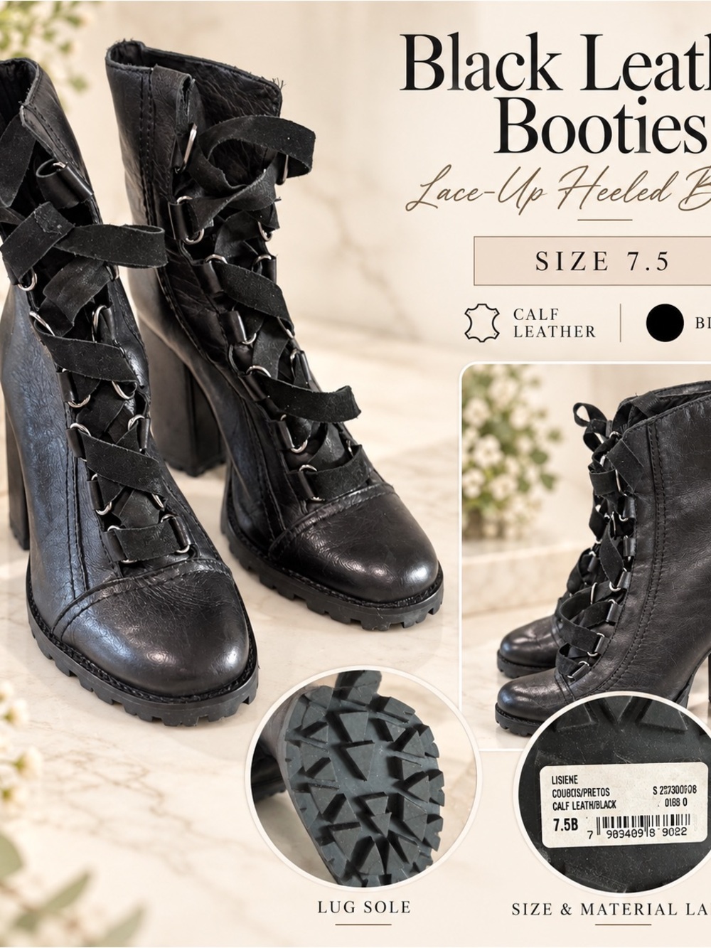 Black Leather Lace-Up Heeled Booties - Classic Women’s Ankle Boots